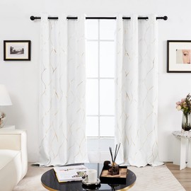 Deconovo Gold Wave Print Blackout Curtains for Bedroom, Thermal Insulated Curtains for Living Room, Room Darkening Drapes (Pure White/Wave, 42x72 Inch, 2 Panels)