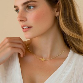 Frigotine Gold Chritian Cross Necklace for Women, Dainty Catholic Small Pendant Choker Simple Trendy Cute Charm Neckalces Box Chain Minimalist Easter Religious Jewelry Gift