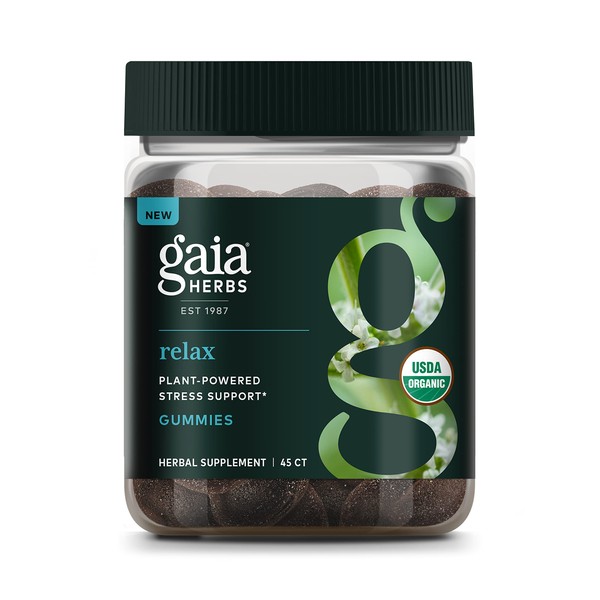 Gaia Herbs Organic Relax Gummies, Stress Relief, Anti-Stress Support, Holy Basil, Lemon Balm, Passionflower, USDA Certified Organic, Non-GMO, Gluten Free, Vegan, 45 Count (Pack of 1)
