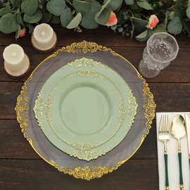 Tableclothsfactory 10 Pack | 10" Round Plastic Dinner Plates in Vintage Sage Green, Gold Leaf Embossed Baroque Disposable Plates