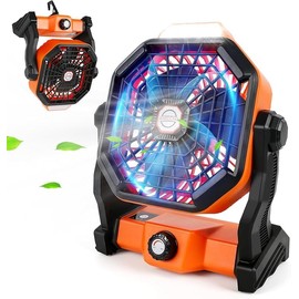 Ventilador Portatil Recargable,Ventilador de Acampar, Silencioso, potente con luces LED y ganchos, adecuado para viajes, familia, Sala de estar, Oficina (Naranja)