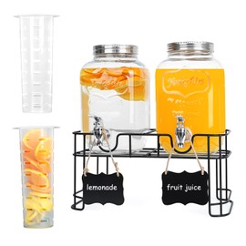2-Pack 1 Gallon Glass Drink Dispensers for Parties - Leak-Proof Beverage Dispenser with Stand, Spigot, Ice Cylinder & Chalkboard Labels - Perfect for Lemonade, Iced Tea, and Party Drinks