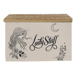 Lady Stuff Storage Box - Vintage Wooden Bathroom Divided Organizer with Flip-Top Lid for Pads, Liners, Tampons & More - Feminine Hygiene Rustic Chic Home Decor, Hinged Lidded Discreet Storage