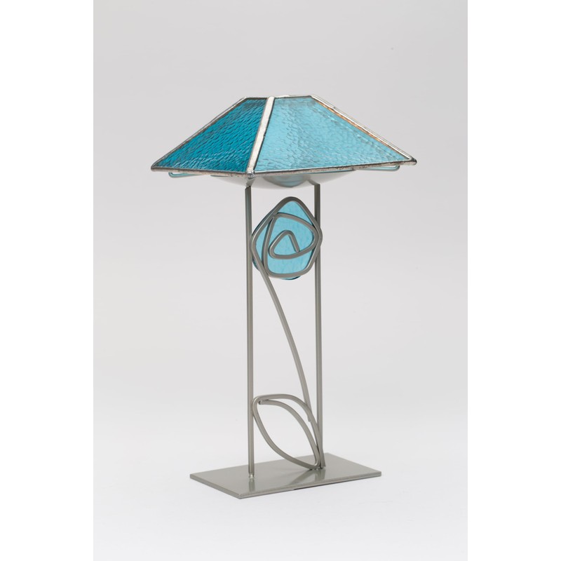 Modern Teal Blue Glass & Metal Tea Light Candle Holder,