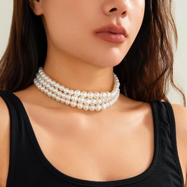 Faux Pearl Choker Necklaces Boho 1920s Imitation Pearl Strand Necklace Vintage Chunky Layered Pearl Necklace Costume Jewelry-C Style