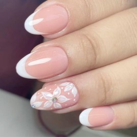 White French Tip Press on Nails Medium Almond Fake Nails Full Cover Acrylic False Nails Flower Summer Glue on Nails Rhinestone Cute Flower Stick on Nails for Women Girls Manicure Kit 24PCS