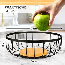 HIKITCHEN® Fruit Basket - Fruit Basket - Metal and Bamboo Bowl - Fruit Bowl for Kitchen and Household - Fruit Holder (Black)