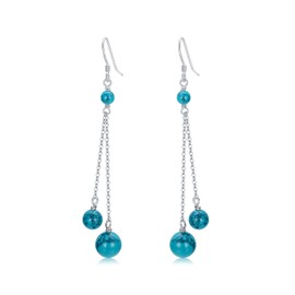 Long Turquoise Bead Dangle Earrings for Women 925 Sterling Silver Simulated Round Gemstone Dangling Drop Jewelry