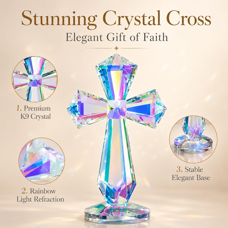 Zerelys K9 Crystal Cross Keepsake, Rainbow Prism Christian Gift