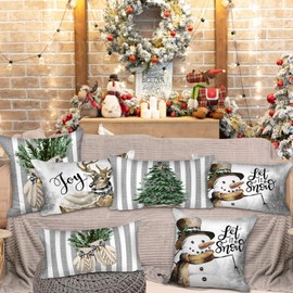 Lanpn Pack of 4 White and Grey Cushion Covers Christmas Cushion Cover 30 x 50 cm Winter Snowman Gloves Elk Eucalyptus Decorative Christmas Cushion Christmas Decoration Christmas Bed Linen Sofa