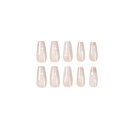 JUSTOTRY 24 Pcs Press on Nails Coffin Long with Pearls and Stars Designs,White French False Nails,Nude Ballerina Stick on Nails for Women and Teens,Medium Fake Nails for Nails Art