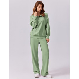 PINSPARK 2 Piece Sets for Women High Waist Sweatsuit Long Sleeve Oversized Sweatshirt Sweatpants Lounge Set 2024 Fall Travel Outfits, Pea Green XXL