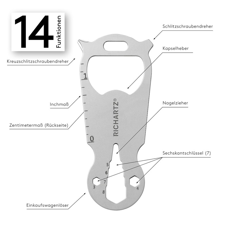 RICHARTZ Key Tool Shop Multitool Keyring 14 Practical Functions High-Quality