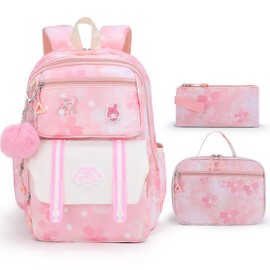 quvup Girls Backpack,Cute Print School Kids Backpack with Insulated Lunch Box Pen Case Set,Kindergarten Elementary School Book Bag for Girls Children Students(3 pieces set -Pink)