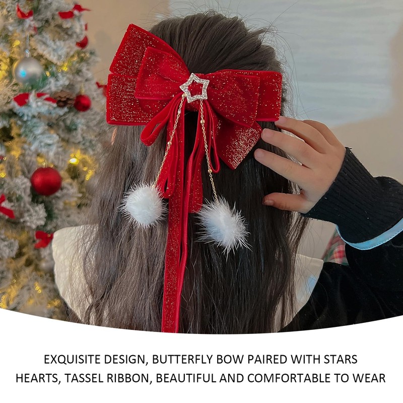 2 Pieces Bow Hair Clips, Red Tassel Hair Clips, Hair