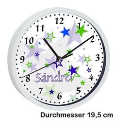 CreaDesign, WU-00-1030-21, Stars Blue Green Wall Clock for Children's Room, Customisable with Name, White Frame, Diameter 19.5 cm