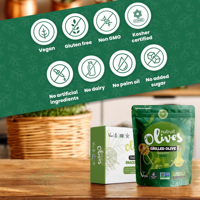 Nutruit Olives Snacks - Pitted Grilled Olives with Basil -