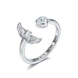 HUKKUN Angel Wings Cross Ring Sterling Silver Always With you Ring for Women