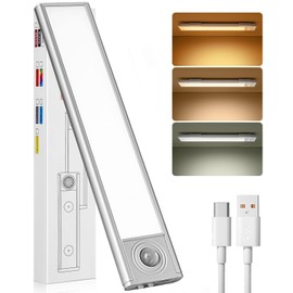 Under Cabinet Kitchen Lights,USB Motion Sensor Lights Indoor,Cupboard Light, 3 Modes, 3 Color Dimmable,USB Type-C, Stepless Dimming, for Kitchen /Wardrobe/ Bedroom/ Stairs (Cold White)(1 PCS (20CM))