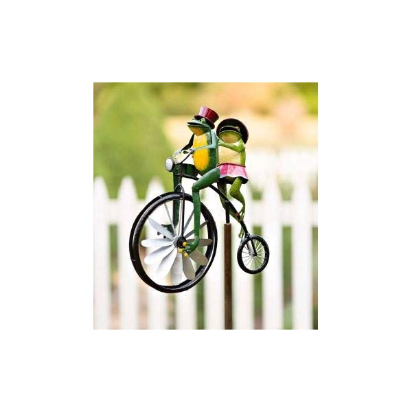 Tianbi Moving Vintage Bicycle Metal Wind Spinner,Cute Animal Motorcycle Garden Pile Metal Wrought Iron,Frog Ornament Wind Spinner Pole Garden Yard Lawn Windmill Decoration
