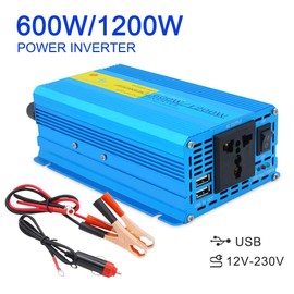 Cantonape Pure Sine Wave Power Inverter 600W DC 12V to AC 230V 240V Voltage Converter With Universal Socket, and 2 USB charger, car inverter used for Laptop, Pad, Phones, Tablet, peak 1200W