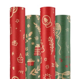 Anvure Christmas Wrapping Paper (4 Rolls: 93 sq. ft. ttl.) Kraft Set Featuring Santa Claus, Snowman & Xmas Presents, Red & Green Holiday Designs for All Gift Wrap Needs 17 Inch X 16.4 Feet Per Roll