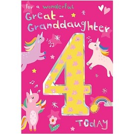 Great Granddaughter 4th Birthday Card - Age 4 - Rainbow Unicorn Design - Special Finishes and Illustrated Insert Leaf - Made in the UK