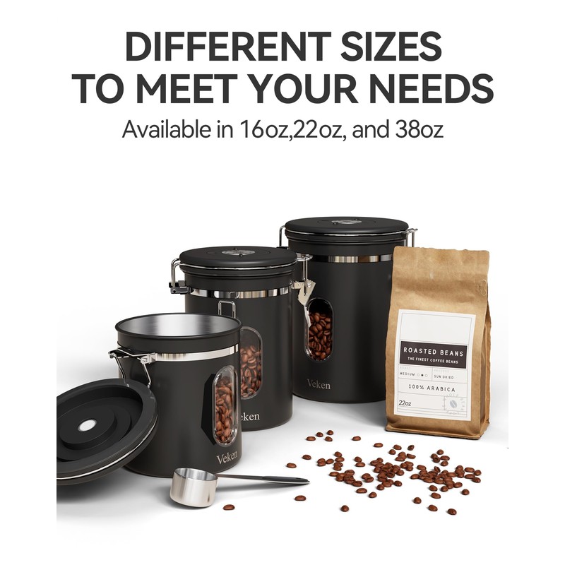 Veken 38oz Large Coffee Canister with Window, Airtight Stainless Steel,