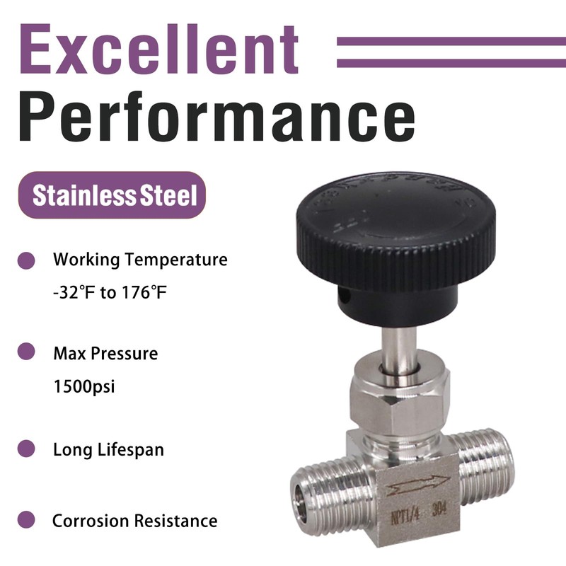 Napredak Needle Valve, Male 1/4 NPT Ports, Stainless Steel Body,