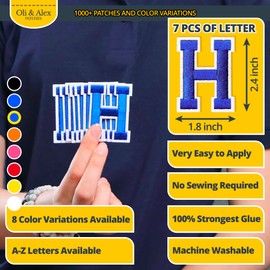 Oli and Alex Iron On Letters 2.4 inch - 7 pcs of H Blue Patches Letters for Clothing - Super Glue - No sew Needed - Embroidery Alphabet Football Team School University - Blue, H