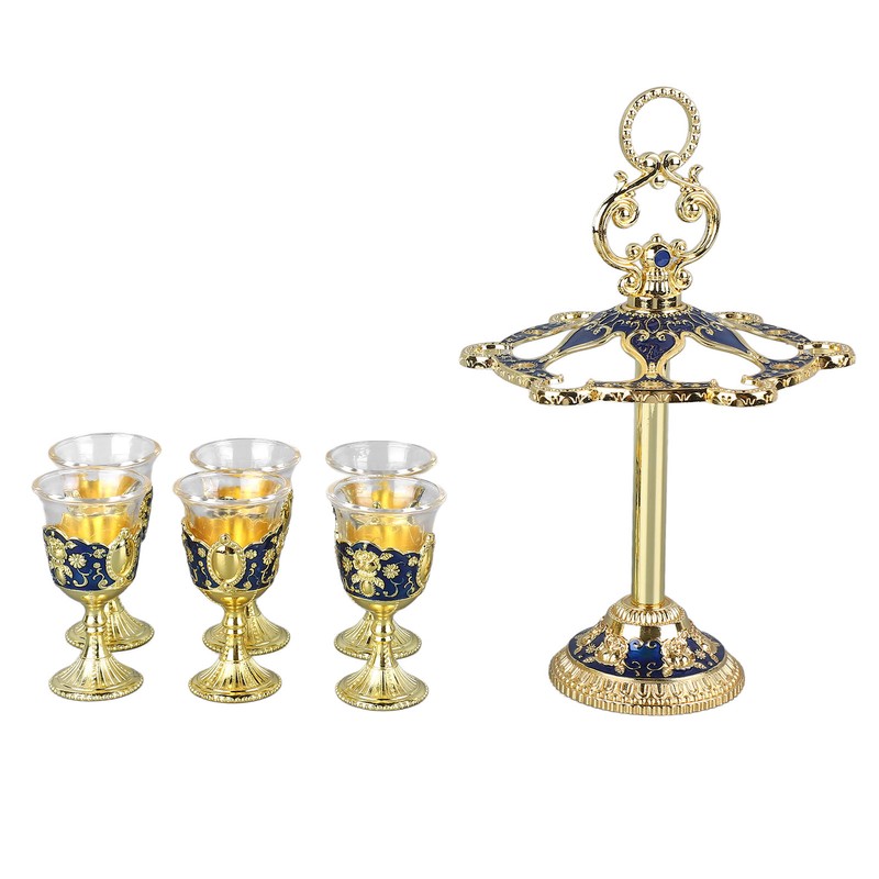 6Pcs Chinese Chalice Retro Style Zinc Alloy Glass Embossed Flower