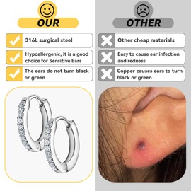 PierceNest 10 Pairs Stud Earrings for Women, Surgical Steel Earrings Set Lightweight and Trendy 316L CZ Cartilage Earlobes Hypoallergenic(Sliver)