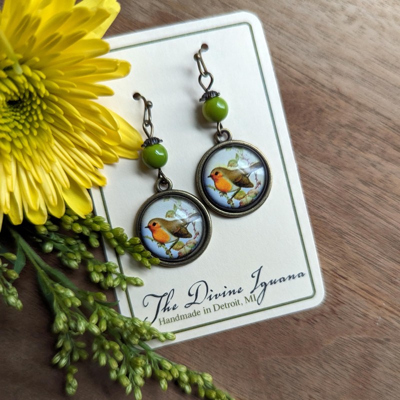 Victorian Robin Bird Earrings Reversed Decoupage Glass Cabochon