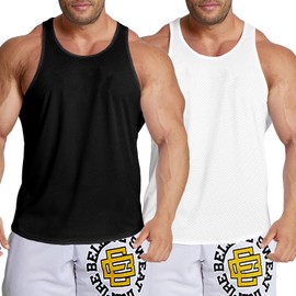 Agilelin Men's Workout Stringer Tank Tops Mesh Quick Dry Y-Back Tops Muscle Athletic Shirts for Gym(Pure Black/White/L)