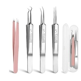 3PCS Blackhead Remover Tweezers and 1PCS Ingrown Hair Tweezers Blackhead Remover Tool Precision Blackhead Pimple Extractor for Remove Blackheads and Comedones Tweezers for Eyelash Extension