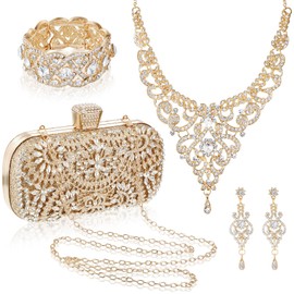 Quelay 4 Pcs Purse Rhinestone Jewelry Set Evening Clutch Bag Bling Crystal Necklace Dangle Earrings Bracelets Accessories(Gold,Vintage Style)