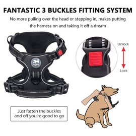PoyPet No Pull Dog Harness with Neck Release Buckle, Reflective No-Choke Harness with 2 Leash Clip, Adjustable Soft Padded Pet Vest with Easy Control Handle for Medium Dogs (Black,M)
