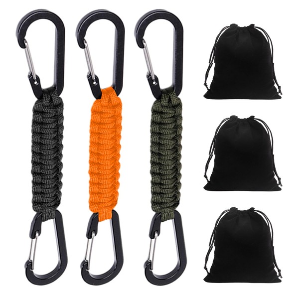 KVBUCC 3-piece key chain with 3-piece drawstring pockets, key lanyard, backpack key chain, key accessories, suitable for travel and mountaineering (black, military green, orange)