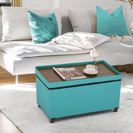 Dorriss Ottoman Storage Bench for Living Room with Tray, Bedroom Foot Stool, Coffee Table Lid, End of Bed Faxu Leather 30" Inch (L-Green)