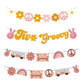 Groovy Hippie Boho Banner,4 Pcs TWO GROOVY Flag Bunting,Colorful Birthday Bunting With Daisy Peace Bus For Kids Boys Girls Wall Patio Nursery Home Room Garden Decor