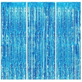 3pcs 2M X 1M Baby Blue Metallic Tinsel Curtains Aluminum Foil Flow Silk Curtain Background Streamer Birthday Party Wedding Holiday Decoration (Baby Blue)