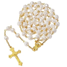 Guyode Rosary Necklace, Christening Gift Rosary, White Pearl Rosary Necklace, Rosary Necklace, Communion Rosary with Retro Cross for Women Men Christening Communion Wedding Party, Plastic, No Gemstone