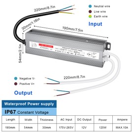 LED Transformer 12 V 10 A, IP67 Waterproof LED Transformer 12 V 120 W, Transformer 230 V to 12 V 120 W 10 a, Power Supply 12 V for G4 GU5.3 MR11 MR16, Not Dimmable, No Flicker, No Noise