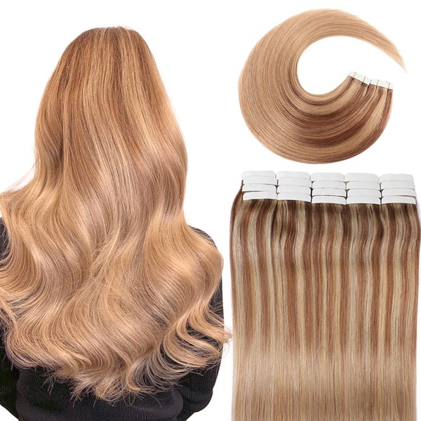 VINBAO Balayage Tape in Human Hair Extensions silky Straight Balayage Color 10 Golden Brown Highlighted Fading to 16 Golden Blonde Highlights With Color 16 Highlighted Full Head Set 20 Inch 50 Gram 20Pcs Tape in Hair Extension(tape#10/16/16-20Inch)