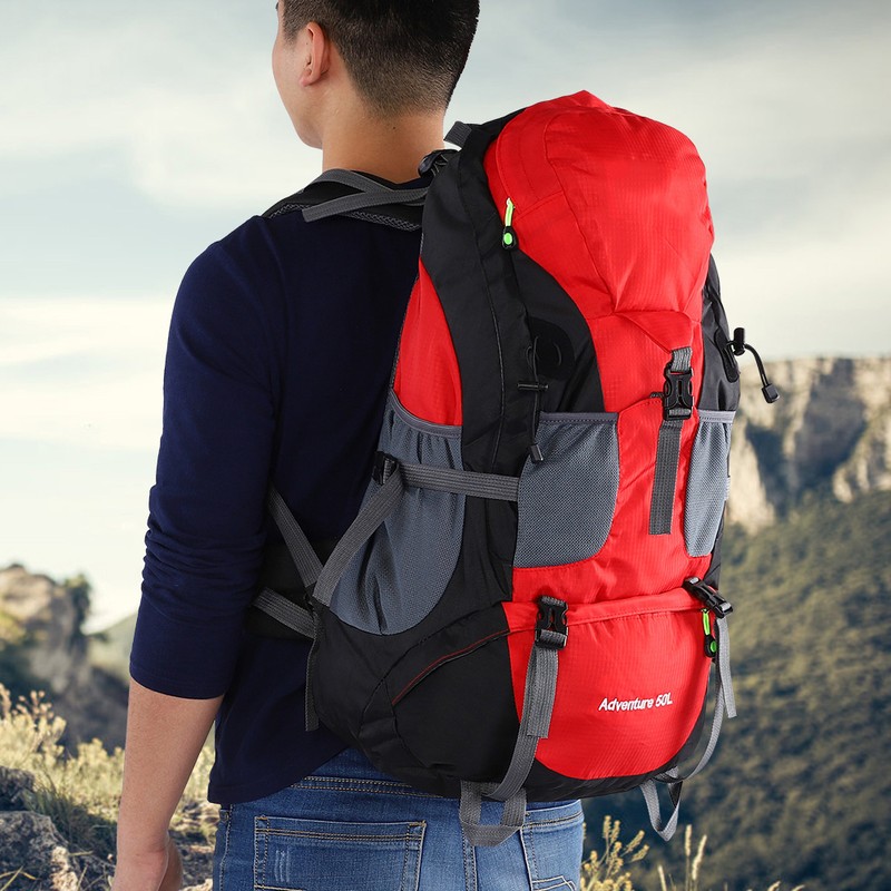 50L Waterproof Bag Camping Climbing Outdoor Travel Hiking Backpack Red