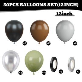 Green Black Grey Balloons, 50Pcs 12 Inches Sage Green Brown Metallic Silver Balloons for Kids Boy Girl Film Star Birthday Party Decorations Baby Shower Movie Party Supplies