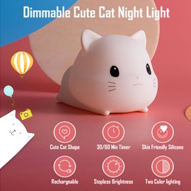Cute Lying Cat Rechargeable Night Light, Safe Soft Silicone Material, Stepless Brightness Adjustment, White/Warm Light, Tap Control, 30/60 Minutes Timer, Toddler Sleeping Lamp, Bedroom Night Lamp