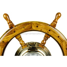 Nagina International Premium Nautical Home Decor Polystone Pirate's Porthole Clock Ship Wheel (18 Inches)