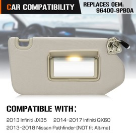 Right Passenger Side Sun Visor Beige with Light for 2013-2018 Nissan Pathfinder 2014-2017 Infiniti QX60 JX35 Beige Sunvisor Replacement 96400-9PB0A