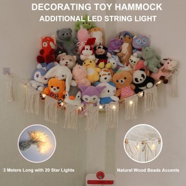 Large Stuffed Animal Hammock or Net, Macrame Boho Toy Hammock with LED Light, Decorate Net for Stuffed Animals Corner, Space Saving Hanging Stuff Animal Organizer Holder for Kids Bedroom Playroom